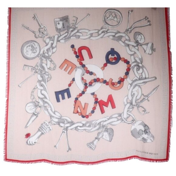 Alexander McQueen Unisex 138x138 Beige Red Skull Charm Bracelet Silk Modal Scarf - Picture 1 of 7
